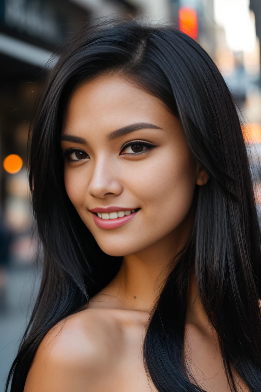 photo of female in city  in RAW UHD format (Brown-eyed woman)  long (black hair:1.3) Details (textures! , , imperfections: 1.1), DSLR Lighting, SLR camera, Ultra-Quality, sharpness,  Crystal clear, sharp-focus, sharp background, sunshine , neon lighting,  (lit), day time, detailed skin pores, oilly skin, suntan, high riser background, sharp, focused. razor-sharp, composition, light and shadow, perfect proportions, detailed face, smiling,beautful face