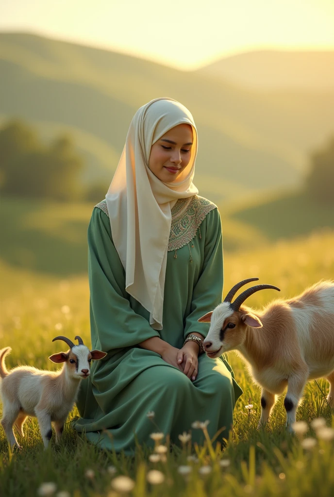 A muslim women wore green dress and white hijab.  and playing with some goats and calfs with a sunlight 