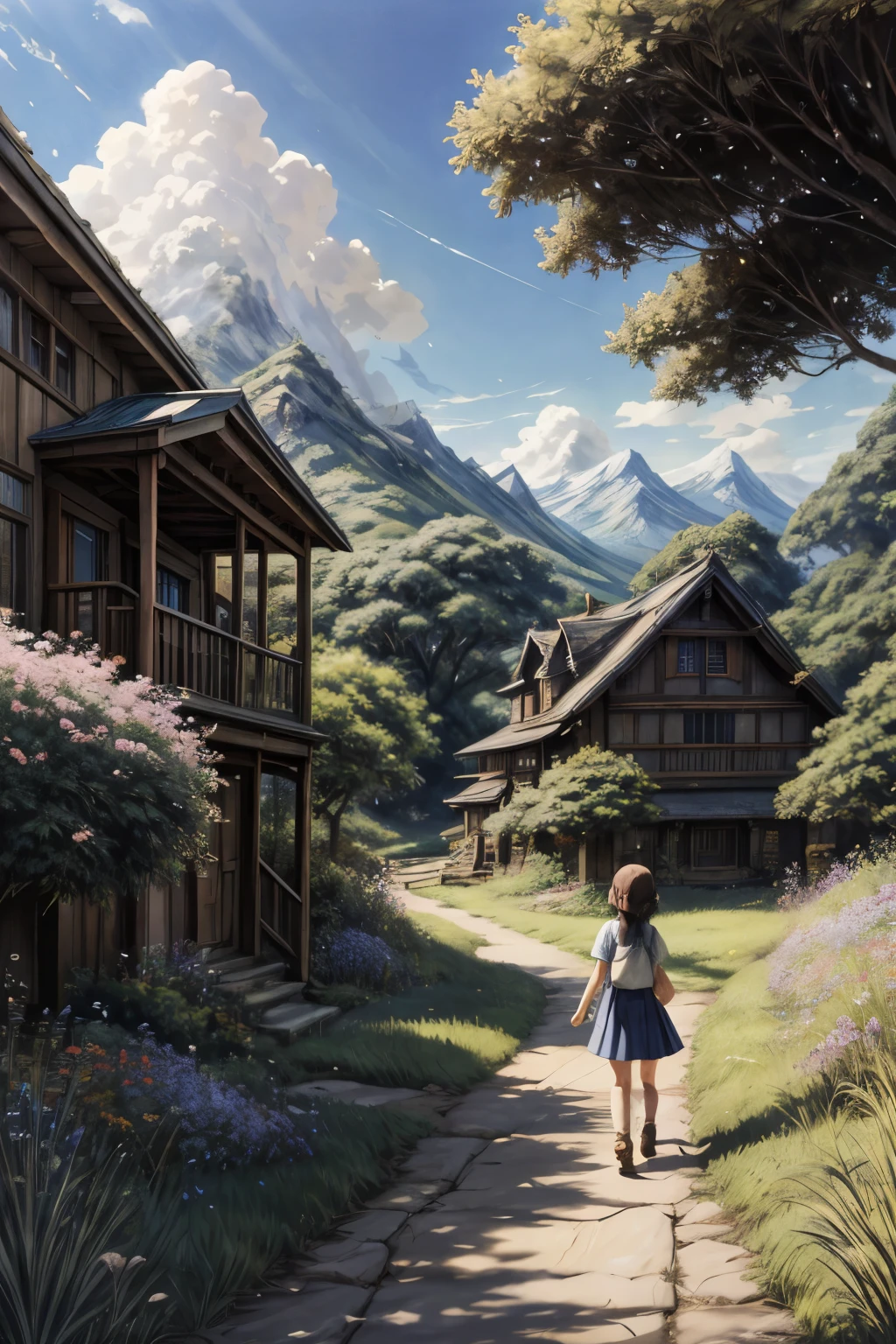 Realistic, real, beautiful and stunning landscape oil painting Studio Ghibli Hayao Miyazaki Petals Grassland Blue Sky Grassland Country Road,building, beautiful girl