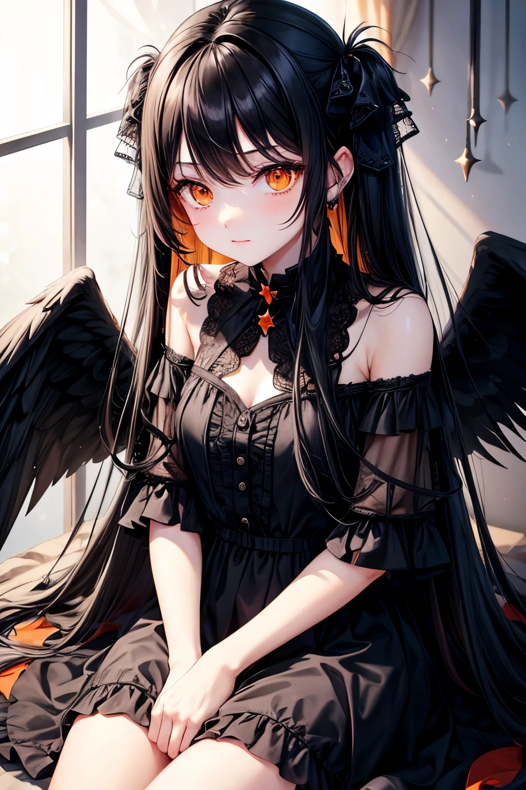 Long black hair, orange eyes, girl, black wings, Fallen Angel, dress