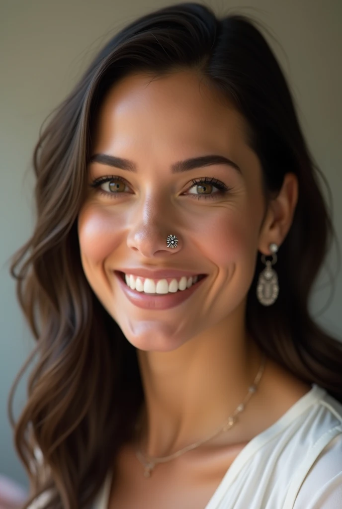 Ai generated image of Joanna Gaines with a tiny indian nose stud in left nostril and piercing should be in left nostril 