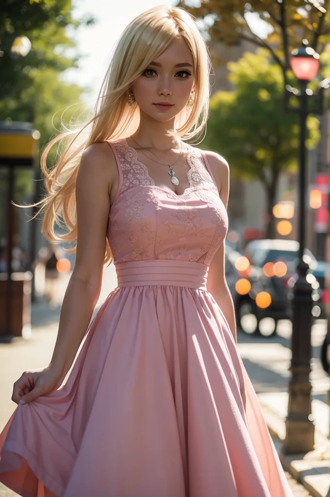 30 years old slender Mandy, blonde, pink dress, ttcolor, bokeh effect,  . 