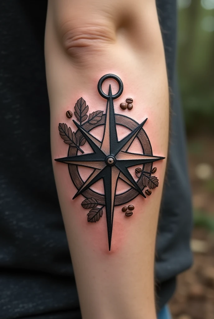 Nordic compass tattoo, with a millstone and coffee beans