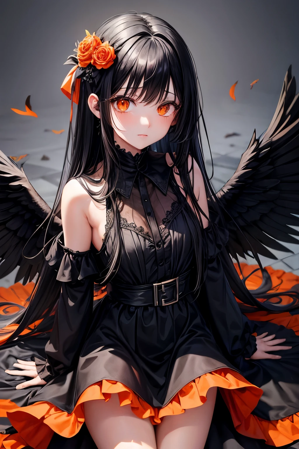 Long black hair, orange eyes, girl, black wings, Fallen Angel, dress