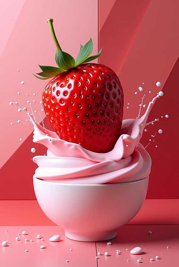 A large strawberry falls into a bowl of pink ice cream,,Ice cream splash,, ,GEOMETRIC WALL PORTRAIT, Artistically, Red Cliff,yang08k, , dyeing,
