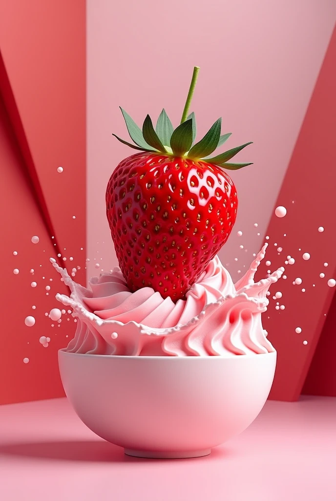 A large strawberry falls into a bowl of pink ice cream，，Ice cream splash,,  ,GEOMETRIC WALL PORTRAIT, Artistically, Red Cliff,yang08k, , dyeing,