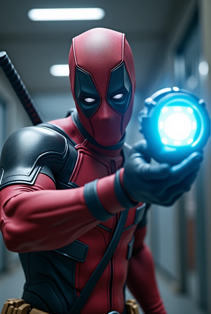 Deadpool grabbing the arc reactor with his hand