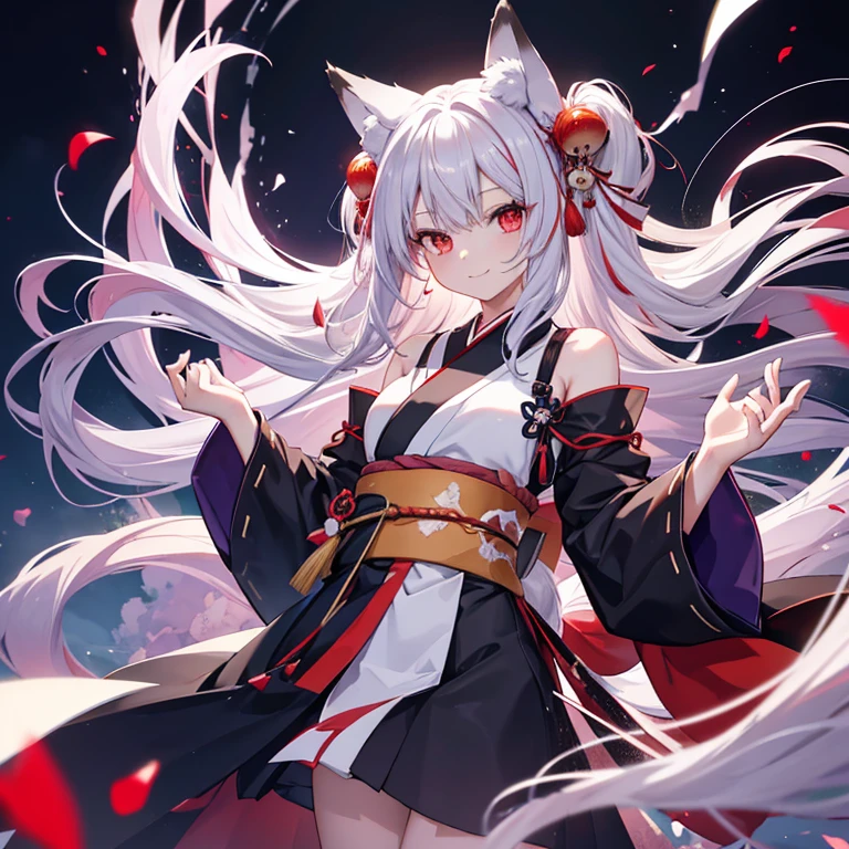 Long Hair, Red eyes, Fox Ears, Attention to detail, Silver Hair, Both sides up, Animal ears , happiness/joy, anime, Spread your legs Swaying in the Wind Fox Tail Red and black kimono Twin Side Up smile Too much exposure Japanese sword Shoulder exposed Light purple on hair tips