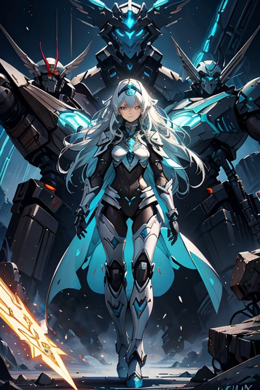 Malenia Blade of Miquella from the game Elden Ring should have their outfit changed to a mecha pilot style while retaining their original appearance. Their signature robot should be positioned behind them