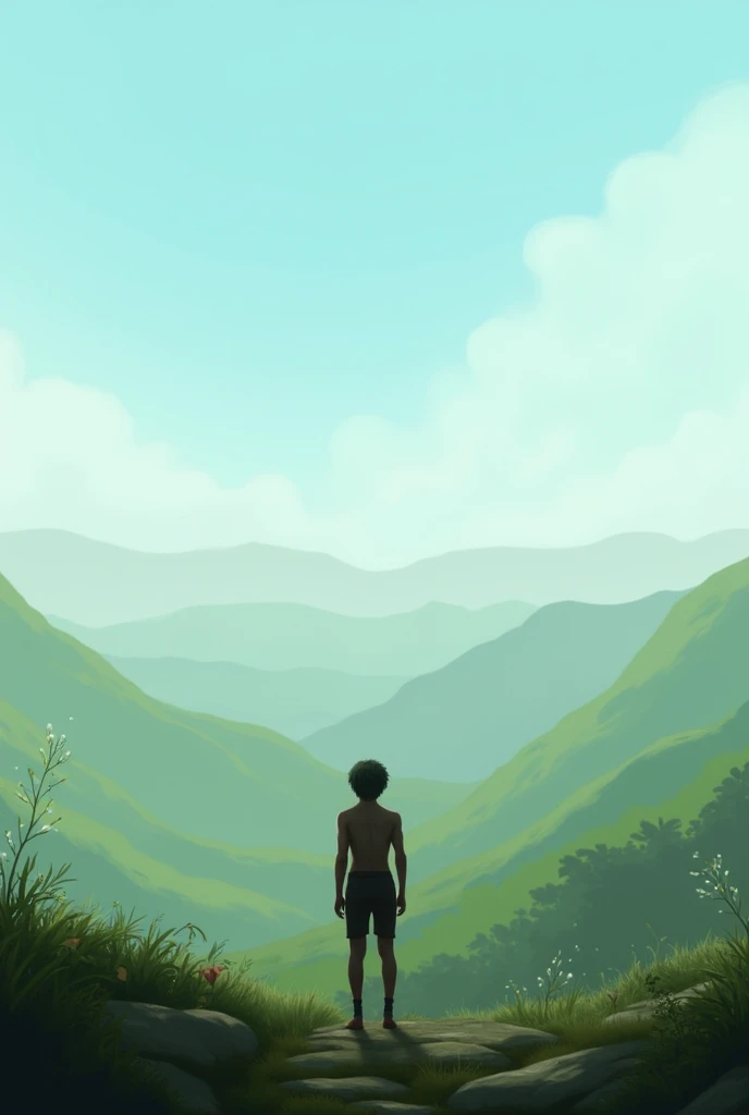 A person alone but contemplating a landscape behind