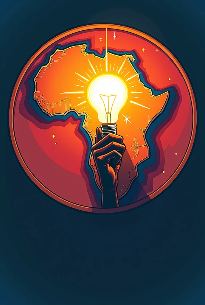 Une illustration de la carte de l'Afrique entourée d'un cercle.
A l'intérieur de la carte une main tenant une ampoule avec de la lumière et des étincelles vives en petits points.
La main ne doit pas sortir de la carte, elle doit être dans la carte