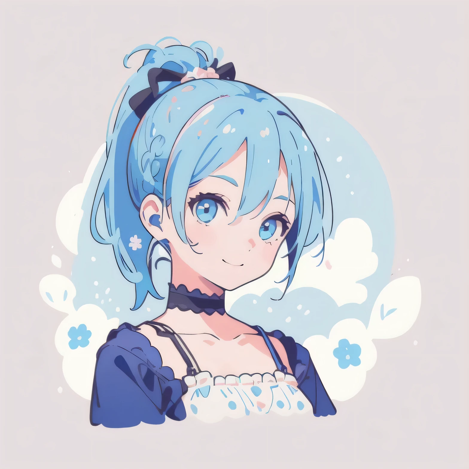 masterpiece, best quality, solo, 1girl, smile, (baby blue hair, ponytail) and (baby blue eyes), (summer casual and dark clothes), (((bold outline))), blue theme, Vector art, (no background)