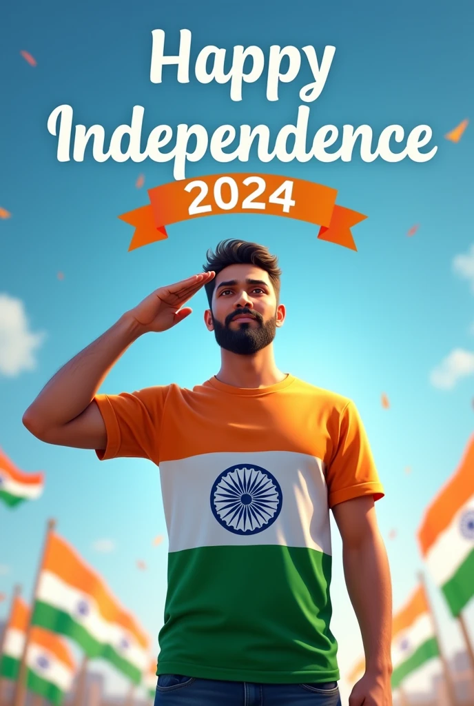 A 30 years old Teacher, stands proudly under a clear blue sky, celebrating Independence Day on August 15th, 2024 . He is wearing a vibrant tricolor T-shirt with his name "SHAFI/PRTU TS" printed these three names  on the back one by one, along with a large image of the Ashoka Chakra. The sky above him features the words "Happy Independence Day 2024" in bold, festive letters. Indian flags are flying around him, and a sense of national pride fills the air as he salutes, symbolizing his love for the country.