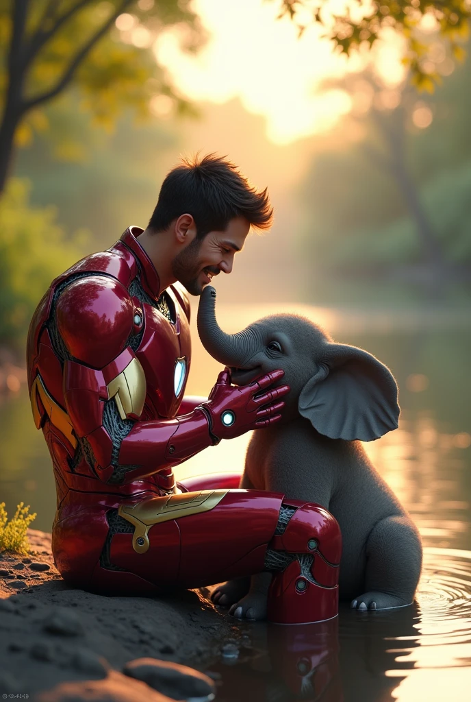 "Iron Man is sitting by the edge of a serene and beautiful river, his armored suit gleaming in the sunlight. Despite his tough exterior, he is gently petting a baby elephant's head with a tender smile beneath his helmet. The lush green trees behind him and the sun's rays reflecting on the water create a peaceful and heartwarming scene, with vibrant colors and a slight golden evening glow adding to the enchantment."