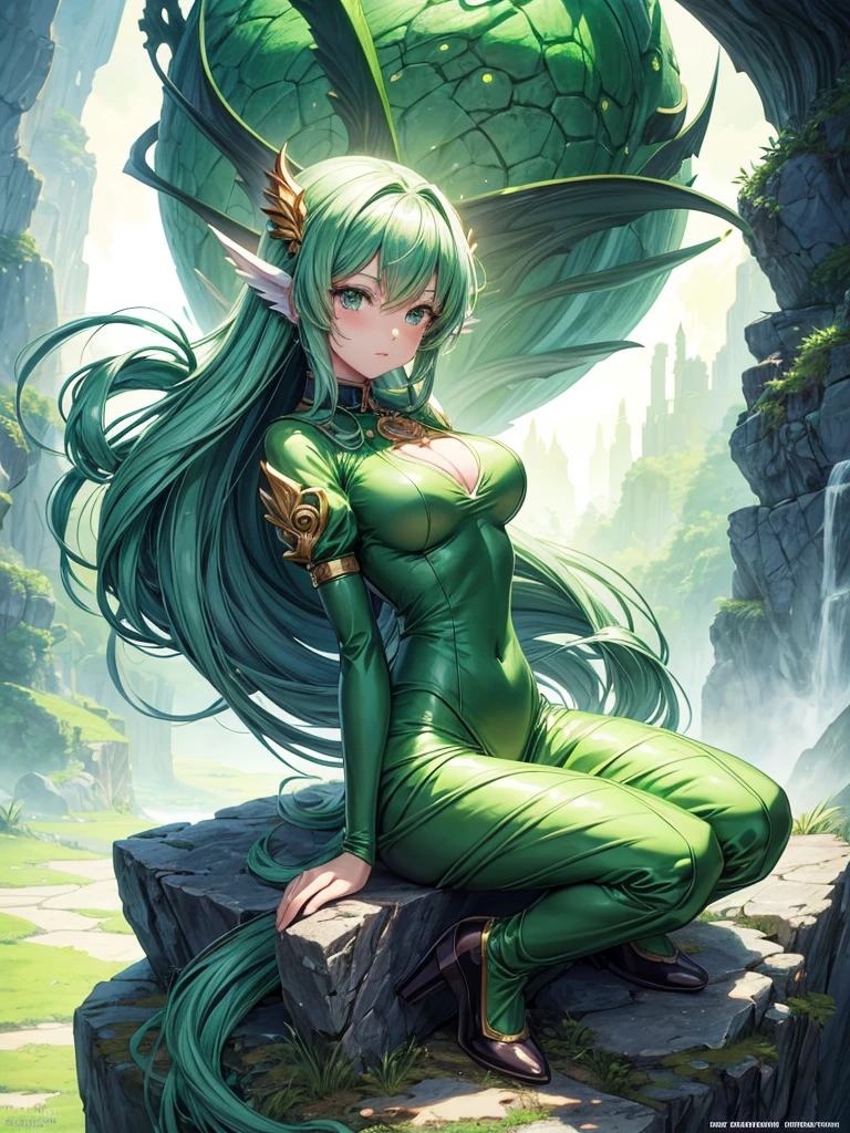 cartoon image of woman in green outfit, sitting on a stone, anime monster girl, clean detailed anime art, lamia, Krenz Kuchart and Artgerm, seductive anime girl, detailed anime artwork, Anime fantasy illustration, beautiful anime works, anime fantasy artwork, monster girl, detailed anime art, best anime 4k konachan wallpaper