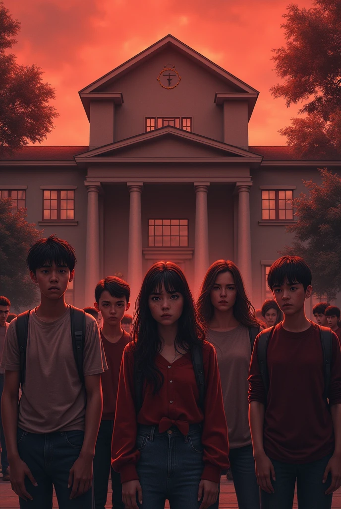 Give me a realistic image of a school and the students in front with worried faces, all in red tones.
