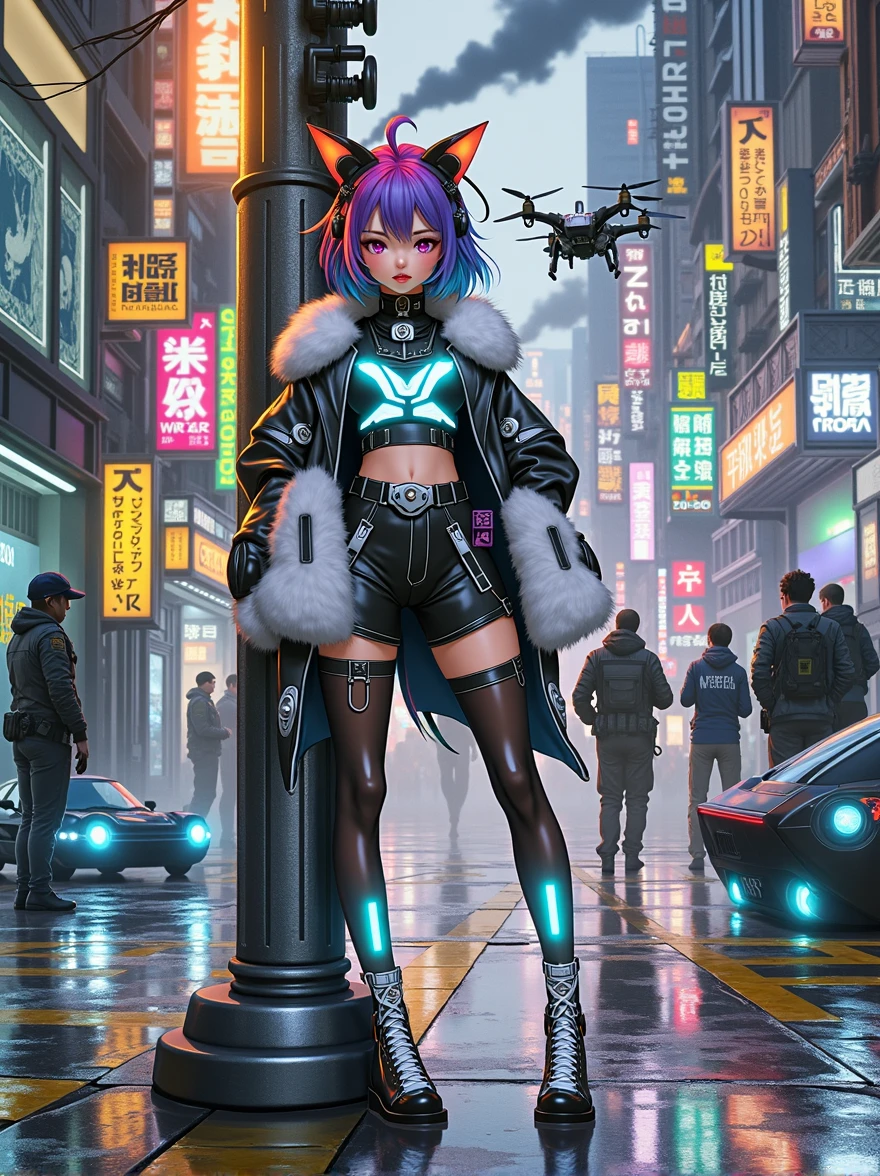 A young Chinese anime-style girl，Have large, expressive eyes、Cute nose and delicate lips，She is characterized by colorful long hair and shiny cyber accessories.。She has cat-like mechanical ears implanted on her head.。Wearing tight synthetic cyberpunk clothing，Comes with metal and luminous inserts，A wide fur collar cape draped over the shoulders。She leaned against a wall or a lamppost，Showing a mixed emotion：Melancholy、Rebellion and determination。Her South Asian stance looks relaxed but firm.，One leg is bent at the knee and the other leg is flat on the ground，Hands seem to be clasped behind the back。Her eyes reveal the experience of living in a harsh cyberpunk world。She stands against the backdrop of a futuristic city - tall buildings made of glass and metal、Neon Signs、Rainy streets filled with flying cars and、The smoke-emitting factory in the distance and the holographic cards。There is a patrol on her street，A group of European and American people dressed in cyberpunk style are talking in a dim alley，There are homeless people at the door.。Other elements include flying drones、Suspended garbage、Illuminated signs on buildings and bionic body modifications such as light-emitting implants and augmented limbs。Other characters of various ethnic backgrounds can be seen around - possibly friends、Enemy or Bystander。