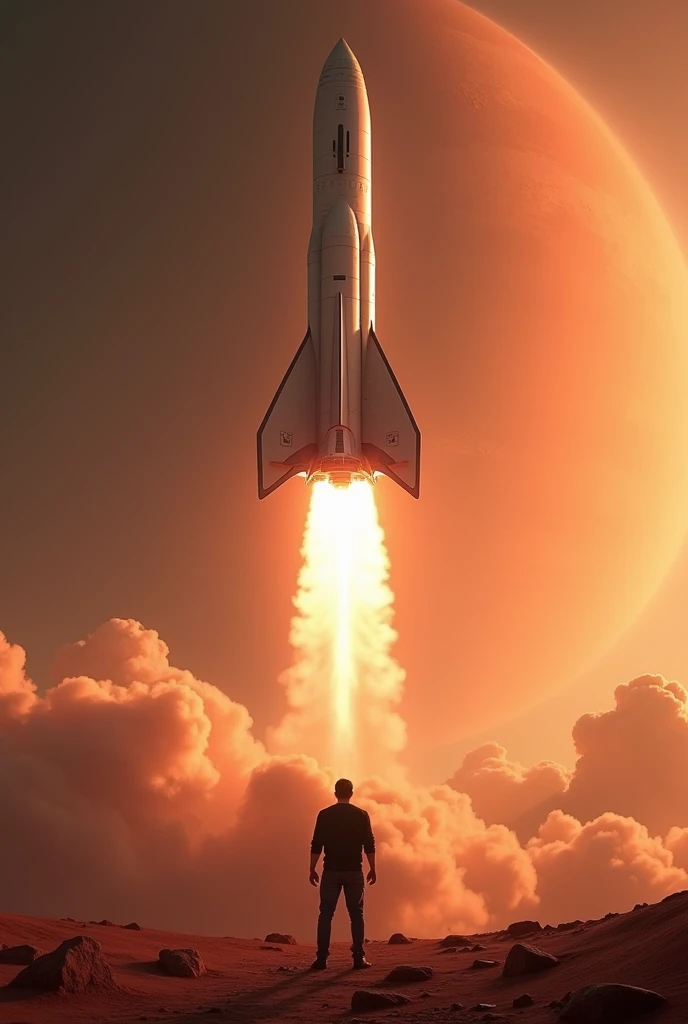 The Starship rocket launching towards Mars, with the planet in the background, symbolizing the future of space exploration."Elon musk watching from the ground