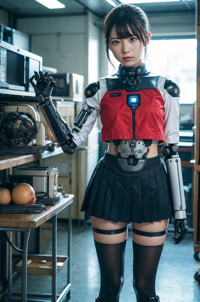 masterpiece, Best Quality, Extremely detailed, Japaese android highschool Girl,Plump ,Navy Pleated Mini Skirt,Black tights,control panels,android,Droid,Mechanical Hand, Robot arms and legs, Black Robot Parts,Black hair,Mechanical body,Blunt bangs,White abdomen,White Robotics Parts,perfect robot woman,The laboratory of the future,cyberpunked,Charging spot,android factory,Robot Factory,cyborg factory,Long Tube,A thick cable connects her neck,ceramic body,blue eyes,Mechanical body,android,robot humanoid,japanese highschool girl uniform,perfect robot girl