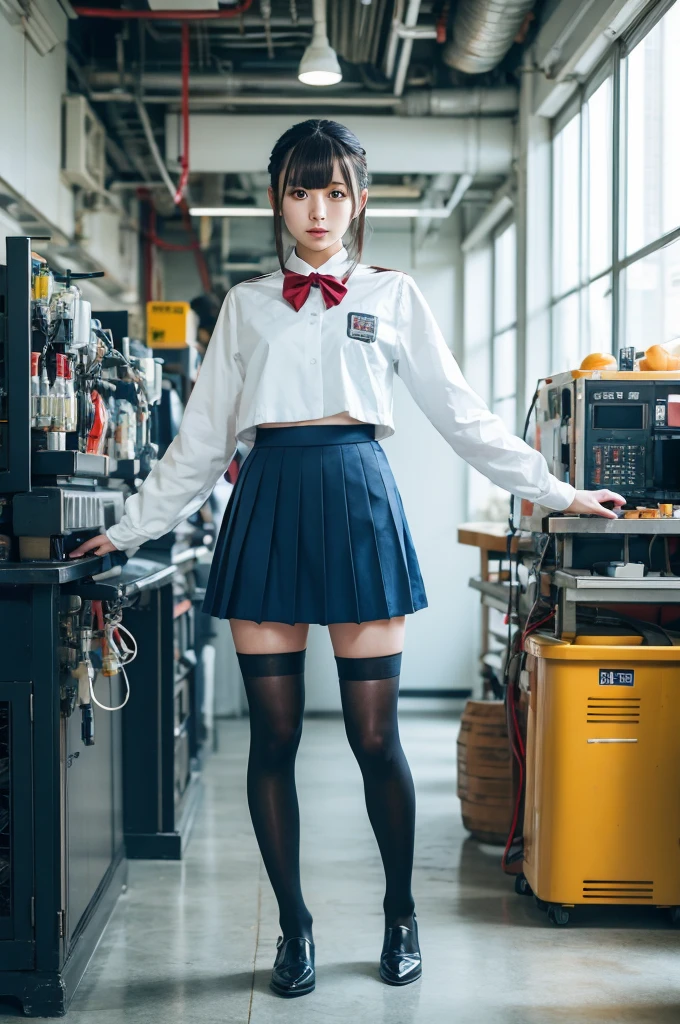 masterpiece, Best Quality, Extremely detailed, Japaese android highschool Girl,Plump ,Navy Pleated Mini Skirt,Black tights,control panels,android,Droid,Mechanical Hand, Robot arms and legs, Black Robot Parts,Black hair,Mechanical body,Blunt bangs,White abdomen,White Robotics Parts,perfect robot woman,The laboratory of the future,cyberpunked,Charging spot,android factory,Robot Factory,cyborg factory,Long Tube,A thick cable connects her neck,ceramic body,blue eyes,Mechanical body,android,robot humanoid,japanese highschool girl uniform,perfect robot girl