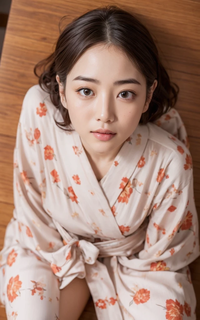 ((Highest quality, 8k, Tabletop: 1.3)), beauty, 1 Japan, big: 1.3, Dark brown hair, (Leg spread: 1.2), Detailed face, Highly detailed lips, Detailed eyes, double eyelid, Open yukata, Sweaty skin: 1.2, ((From above: 1.5)), sexy