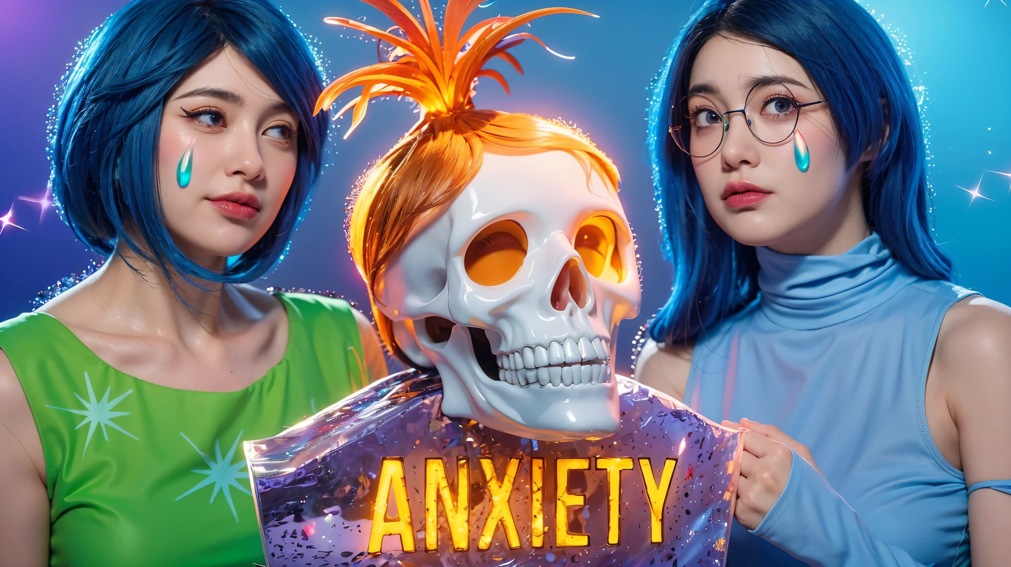 This image strikingly visualizes the concept of anxiety with vivid, creative elements. Two women, each with bright blue hair and tear-shaped beads on their cheeks, symbolize the emotional burden of anxiety. The woman on the left wears a simple green dress, while the one on the right is dressed in a sophisticated blue outfit, suggesting diverse impacts across different individuals. Central to the composition is a white skull with wild, fiery orange hair, vividly embodying the internal and often hidden nature of anxiety. The word "ANXIETY" is emblazoned across a stone slab held by the skull in glowing, molten letters, emphasizing its consuming presence. The background of radiant blue and purple hues, adorned with sparkling effects, contrasts sharply with the serious theme, perhaps illustrating the deceptive outer calm that masks inner turmoil. This surreal representation combines elements of the macabre with a playful twist, creating a visually intriguing and slightly whimsical piece.The purple background complements the costume, creating a vibrant and engaging scene. (glossy plastic texture with multiple big light probe refractions), perfect cgi, smooth silhouette, high intensity refraction, (super glossy plastic material), most beautiful vfx, , realistic, 4k, high resolution, rim light, smooth 3d model, multiple light sources, rim light, sharp post effects render,, realistic, 4k, high resolution, rim light detailed digital art, reflective, best quality, 4k, masterpiece:1.2, ultra-detailed, realistic, vivid colors, The image of the highest quality, ensuring every detail showcased perfectly. It in 4k resolution, allowing viewers to immerse themselves in the richness of the colors and intricate details. The realistic rendering. under the spotlight, reflecting, high-resolution image, realistic rendering