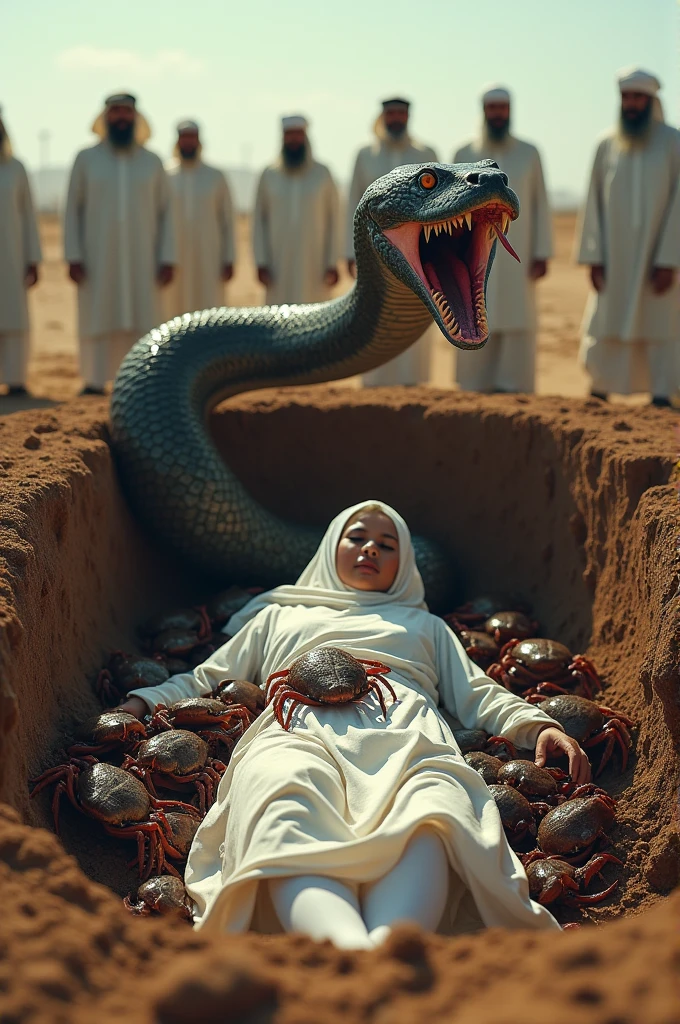 Please give me a picture showing a muddy open grave in which there is a dead Muslim woman completely covered in white clothing, there is a huge big snake attacking the dead woman and there are a lot of crabs and big insects on the dead woman. around and behind the grave there are a lot of Muslim men wearing Light-colored clothes with 'Muslim white caps who are shocked by seeing the scenario. Make sure that the cobra snake is sitting outside the grave and is huge. This picture is required for YouTube thumbnail so please do your best. Make sure that the background must be clear.