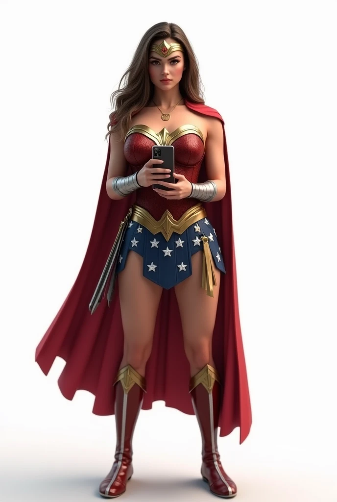 ((Full length photo, standing, feet on the ground)) Armenian girl as Wonder Woman, Brown eyes, long light hair, slightly plump body, Correct anatomy, Holding a phone in your hands, an epic fantasy, Digital art, masterpiece, 8 K, high definition resolution, detailed design, top quality, White background