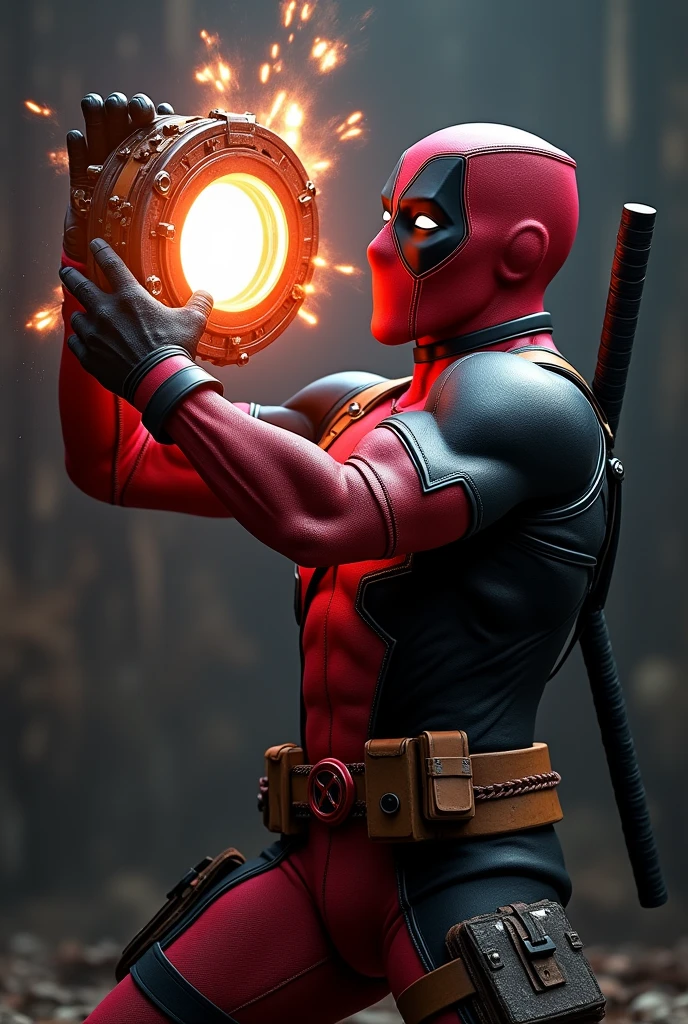 Deadpool grabbing the arc reactor with his hand