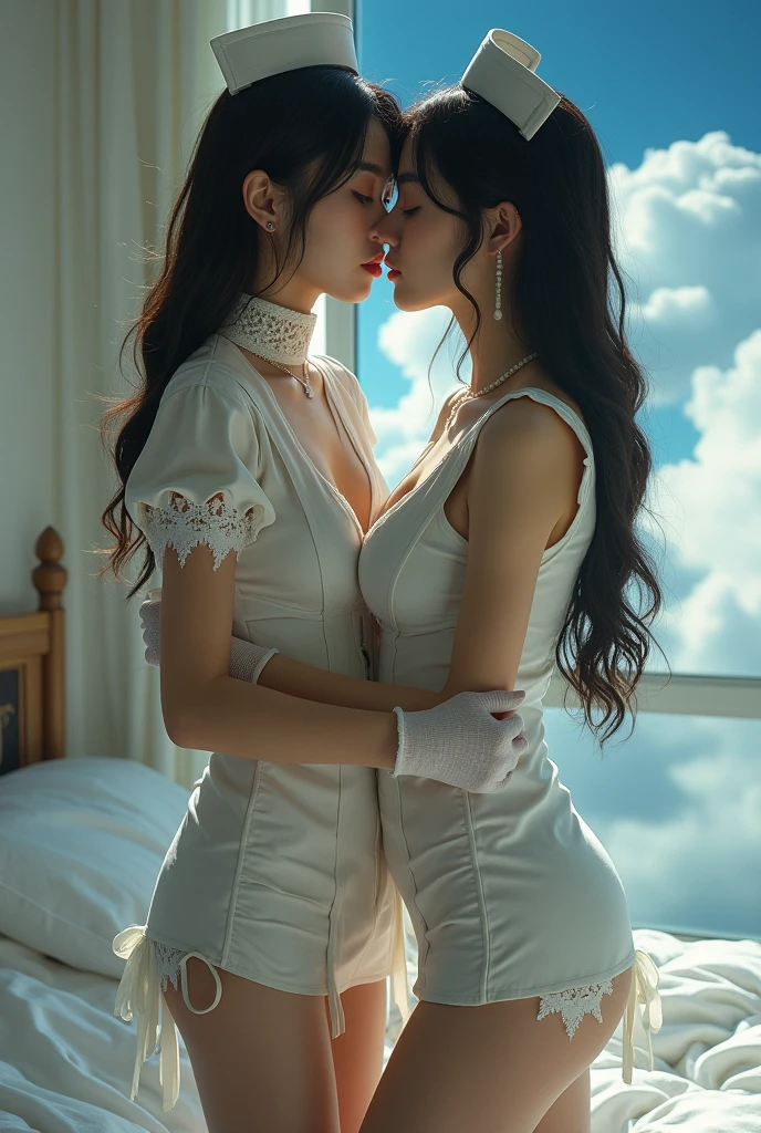 ((original photography:1.2, best quality)), photographic art,Extremely detailed, Ultra-precise depiction, Ultra-fine drawing, (tangled:1.2), (007 movie atmosphere), at bedroom,spectacular cloud formations,2 Korean women,Korean Model, Very detailed face, (best quality, Beruca, Gloves), ((complicated nurse uniform:1.3)), Very detailed nurse uniform,white silk stockings,lace choker, Gloves, long legs, High heel, damaged nurse uniform,Torn nurse uniform,cleavage,Long legs,two twins women standing together,(kissing),Embrace each other