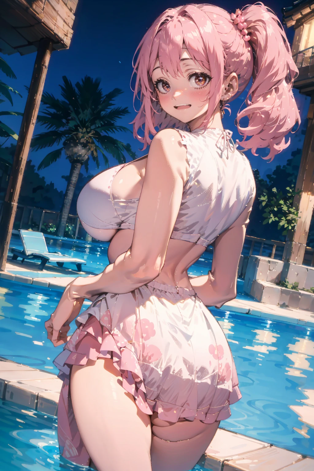 1lady,cute,blush,smile,looking back from behind,bikini,at poolside,bigbreast,bighip,from the below,at night,brilliant