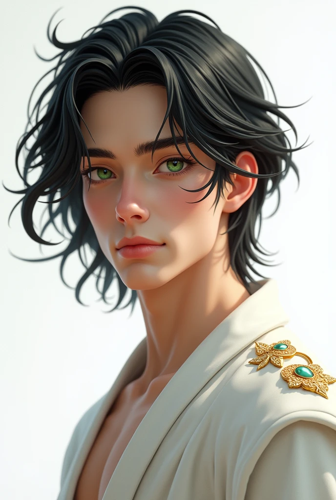 black hair, light green eyes, A handsome man in his 20s, portrait, Dressed in white and wearing jewels, Sacredness, White, soft skin, realistic animation