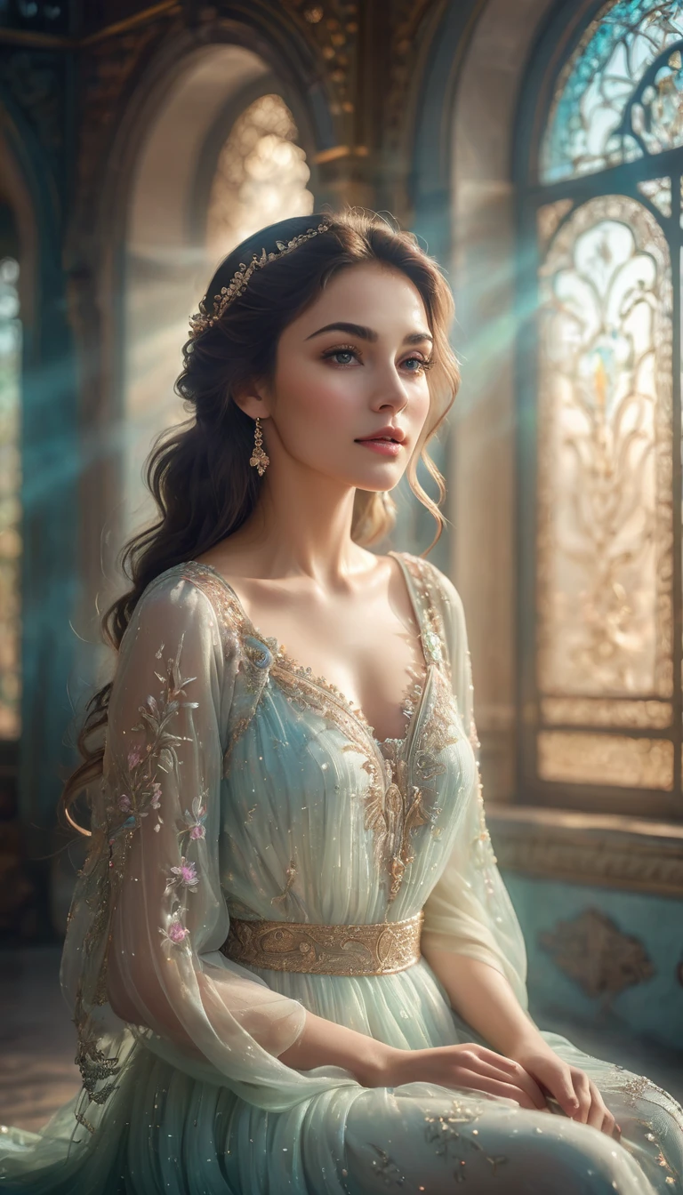 The image depicts a serene, ethereal scene with a young woman sitting gracefully. She is dressed in a flowing, light-colored dress adorned with delicate embellishments. The background features intricate, ornate architecture with soft lighting that creates a dreamy atmosphere. The setting appears to be indoors, with light filtering through, casting a magical glow around the woman. The overall aesthetic of the image is elegant and otherworldly, with a soft, pastel color palette and sparkling elements that add to the enchanting feel., cinematic still, emotional, harmonious, vignette, highly detailed, high budget, bokeh, cinemascope, moody, epic, gorgeous, film grain, grainy, beautiful eyes, beautiful face, beautiful lips, best quality 32k.