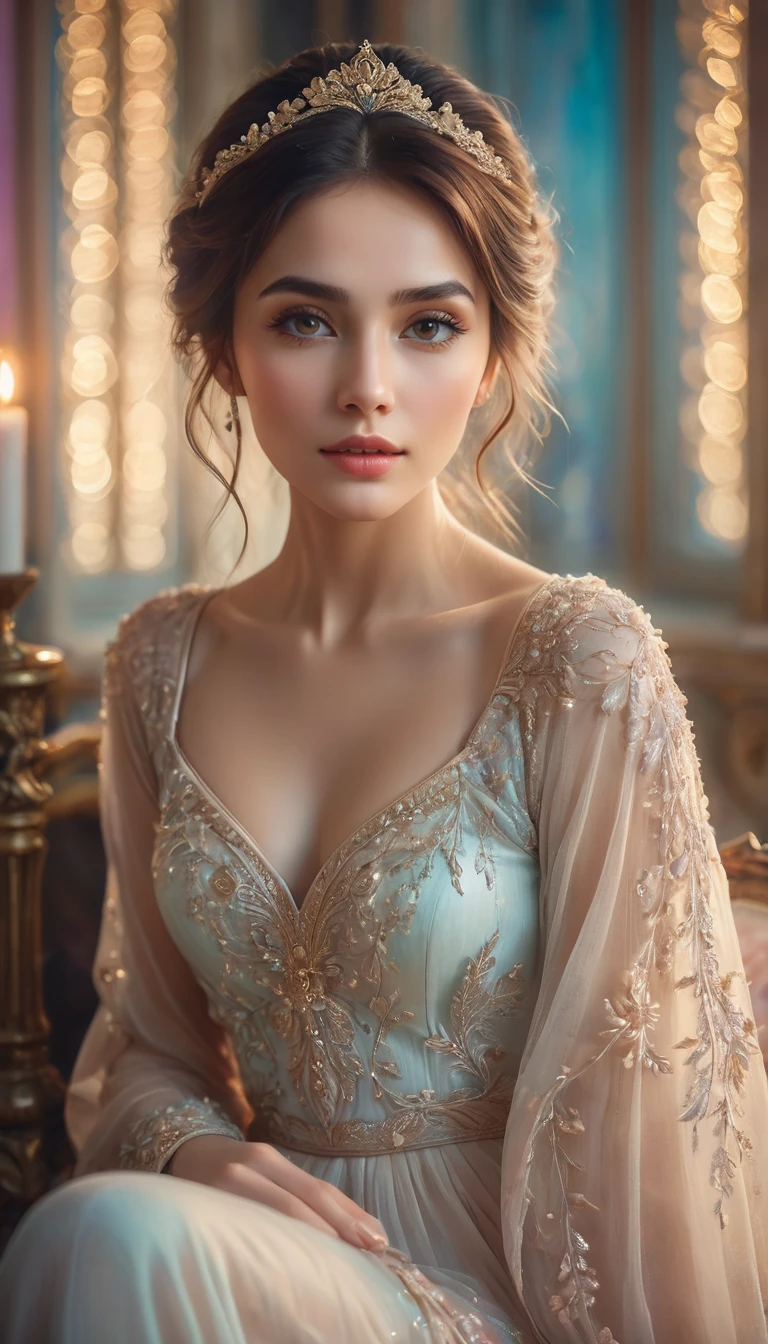 The image depicts a serene, ethereal scene with a young woman sitting gracefully. She is dressed in a flowing, light-colored dress adorned with delicate embellishments. The background features intricate, ornate architecture with soft lighting that creates a dreamy atmosphere. The setting appears to be indoors, with light filtering through, casting a magical glow around the woman. The overall aesthetic of the image is elegant and otherworldly, with a soft, pastel color palette and sparkling elements that add to the enchanting feel., cinematic still, emotional, harmonious, vignette, highly detailed, high budget, bokeh, cinemascope, moody, epic, gorgeous, film grain, grainy, beautiful eyes, beautiful face, beautiful lips, best quality 32k.