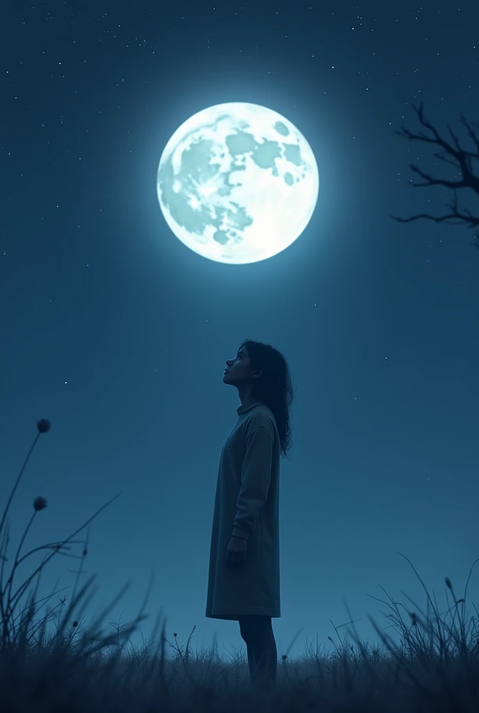 A person alone but contemplating the moon