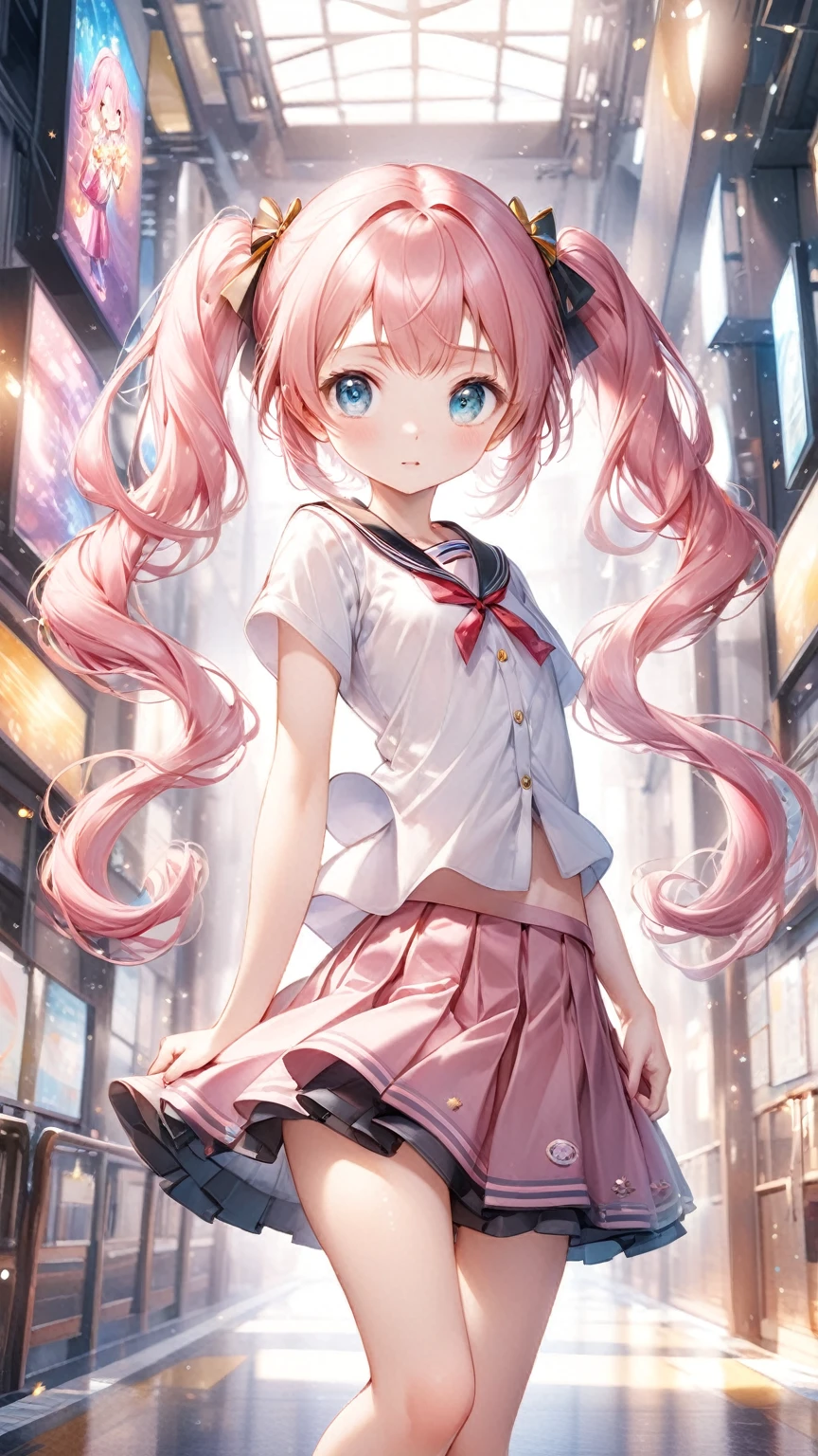 (Highest quality,8k,32K,masterpiece,Ultra-high resolution :1.2 ),born,One person,Super cute,Natural light,Clear, shining eyes,20-year-old,Fair skin,A fantasy background of a school road-like electronic world,Pink Hair,Small breasts,,Twin tails,Skirt too short,A skirt that&#39;s short enough to show your butt,Skirt with little fabric,Thong,The skirt flutters in the wind,Strong winds,typhoon