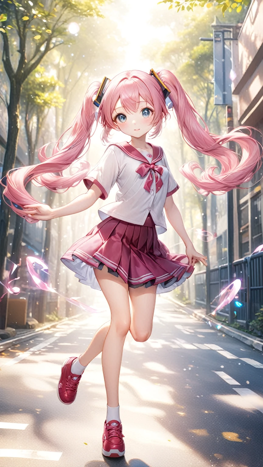 (Highest quality,8k,32K,masterpiece,Ultra-high resolution :1.2 ),born,One person,Super cute,Natural light,Clear, shining eyes,20-year-old,Fair skin,A fantasy background of a school road-like electronic world,Pink Hair,Small breasts,,Twin tails,Skirt too short,A skirt that's short enough to show your butt,Skirt with little fabric,Thong,The skirt flutters in the wind,Strong winds,typhoon