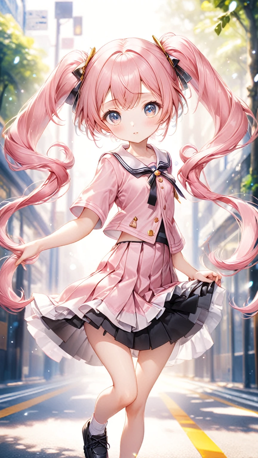 (Highest quality,8k,32K,masterpiece,Ultra-high resolution :1.2 ),born,One person,Super cute,Natural light,Clear, shining eyes,20-year-old,Fair skin,A fantasy background of a school road-like electronic world,Pink Hair,Small breasts,,Twin tails,Skirt too short,A skirt that's short enough to show your butt,Skirt with little fabric,Thong,The skirt flutters in the wind,Strong winds,typhoon