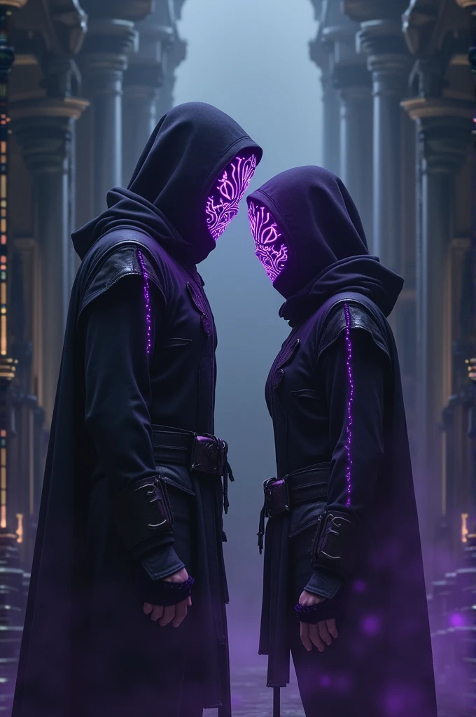 Creates an image based on these following characteristics: ### name: Kage and Yūsha Appearance:
- **vestimentas:** Dark ninja costume with bright purple accents.
- **mask:** mask de rosto completo com um padrão roxo que brilha na escuridão..