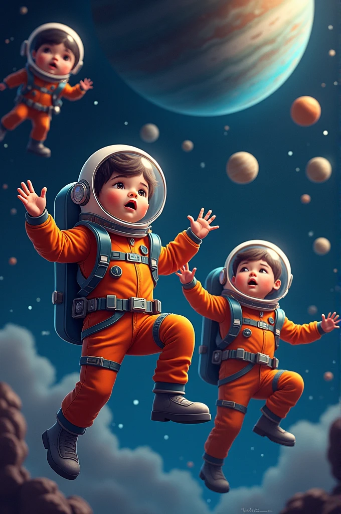 Many children wear a astronaut suit floating in space are learning about planet and spere