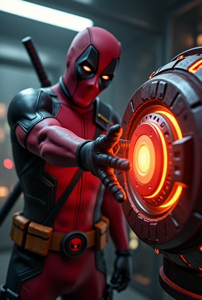 Deadpool grabbing the arc reactor with his hand

