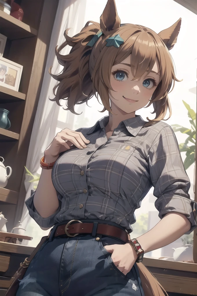 masterpiece, Highest quality,
Taiki Shuttle \(umamusume\), Smiling faceYellow shirt, Check shirt, Collared shirt, revolver, Tea belt, jeans, jewelry, denim, bracelet, Blue pants, Collared shirt, Rolled up my sleeves,