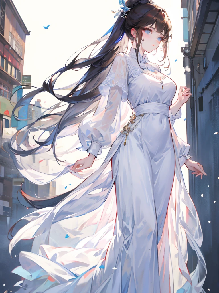 young，Hanging Hair，Dark brown hair，Street background，Whole Body Ezbian，Long legs，Beautiful body structure cover，Ultra-detailed drawings， Amazingly realistic photos，Snow blue clothes，Light taupe clothing，Translucent clothing，(Casual Hairstyles,:1.2), Incredibly graceful pose, See-through dress，Translucent maxi dress，Background Blur，A goddess-like presence，office lady