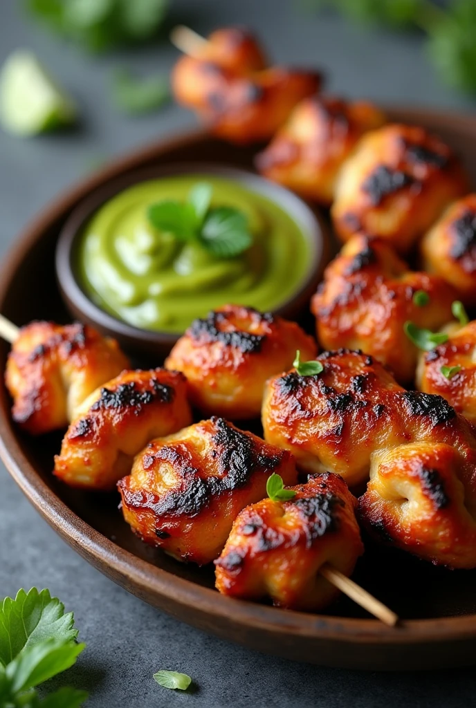 (photorealism:1.2), chicken seekh kebab, representative, for menu, with green chutney, photography
