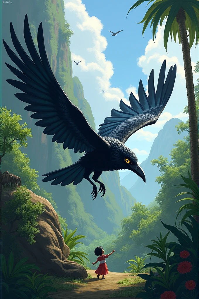 Haran, the crow, is seen flying high above the jungle, with a sharp and vigilant look. Suddenly, he spots danger, perhaps a predatory bird or animal approaching. He caws loudly to alert Chiku, who immediately retreats into his burrow. The atmosphere is tense, with the threat looming but being effectively averted by Haran's quick actions."
