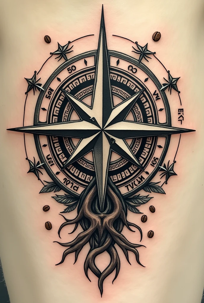 Nordic compass tattoo, with a millstone with two roots and coffee beans