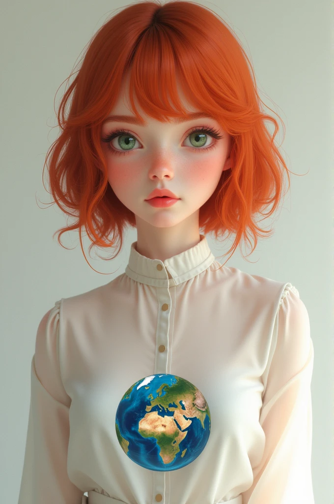 A profile picture of a girl with red hair and green eyes and a white blouse with a drawing of the planet Earth