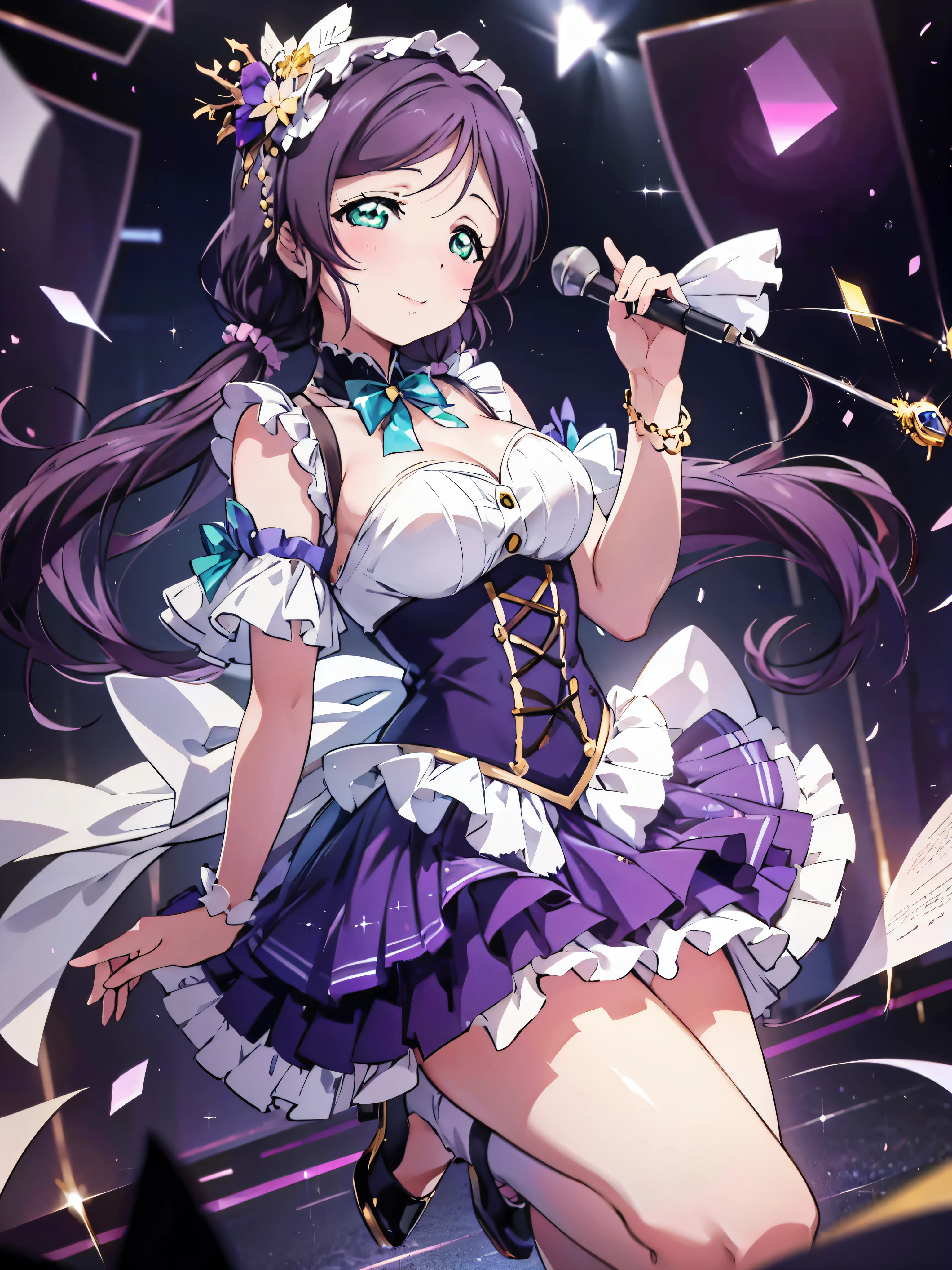 ((ultra detailed, exquisite quality, absolutely resolution)), (Sparkling, Shine:1.2), (in love live! style:1.3), idle girl, Nozomi Tojo, hair deep purple hair, low twintails hair, large breasts, high school girl(H Cup), Beautiful Hair, Very colorful, colorful, Beautiful and delicate face and hair, Perfect body, (((Complete Hand))), Data dress, race, fold, Frills, Stocking Ring Fin Shoes, Gloves with frills, Seductive pose,  Embarrassed expression, super detailed skin, super delicate beautiful face, kawaii face, very kawaii face, kawaii smile, realistic, ((A luxurious live stage, Colorful lights)), night, dutch angle, 