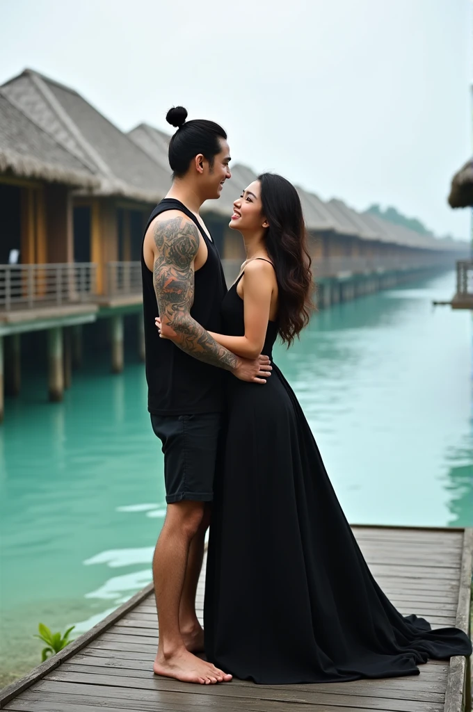 
A Korean man with man bun hair, standing on a wooden walkway overlooking the cl
I've got unique stuff t
A Korean man with man bun hair, standing on a wooden walkway overlooking the clear turquoise water, He is wearing a black tank top, shorts, full of tattoos on his arms. with a beautiful Korean woman with long hair, wearing a black full skirt dress. In the background there are several rustic wooden resorts with curved roofs, Zincalume Galvalume roof models, these resorts are built on the water at the edge of the beach. The background is a marine tourism destination in the Lampung region of Indonesia known as "Tegal Mas Resort", the sky is cloudy while smiling at camera
