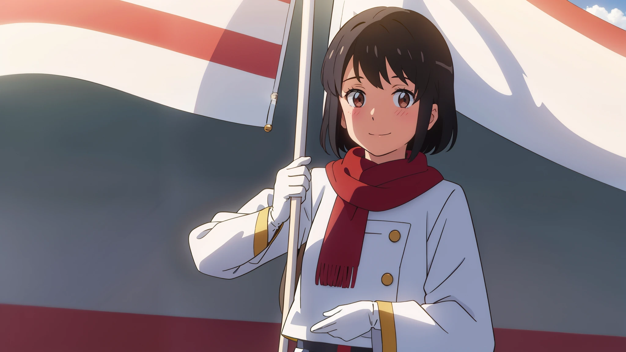 shinkai makoto, kimi no na wa., 1girl, solo, bangs, black hair, brown eyes, short hair, cute, smile, blush, The flag-raising outfit, black cap, white shirt, white skirt, long sleeves, white gloves, holding a red and white flag, red and white flag, red scarf, flag ceremonial square background